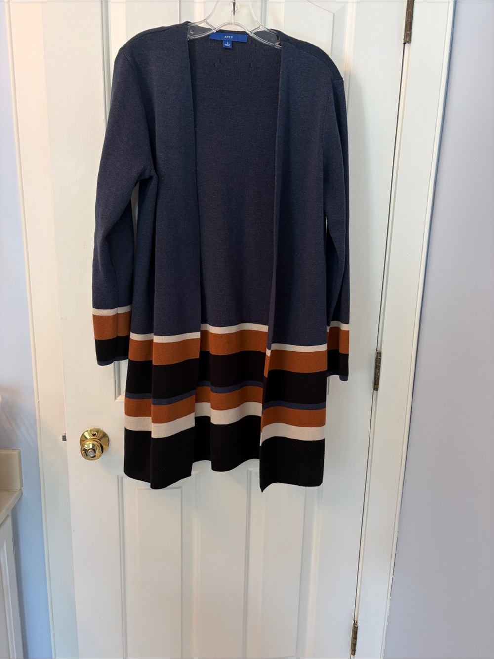 Apt. 9 Navy Open-Front Long Cardigan with Brown and Black Stripes